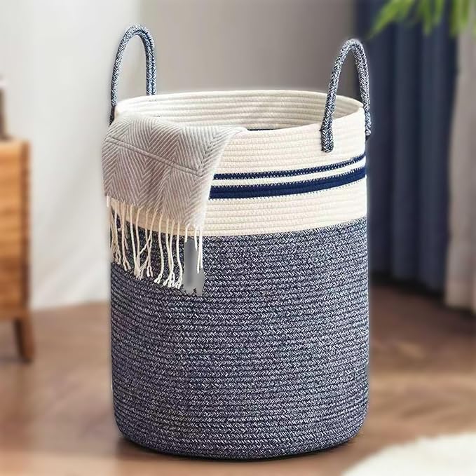 Woven Laundry Basket Hamper,60L Versatile Storage for Blankets,Toys and Clothes,Decorative and Storage for Living Room,Bathroom and Bedroom and Baby Nursery（Large-Blue）