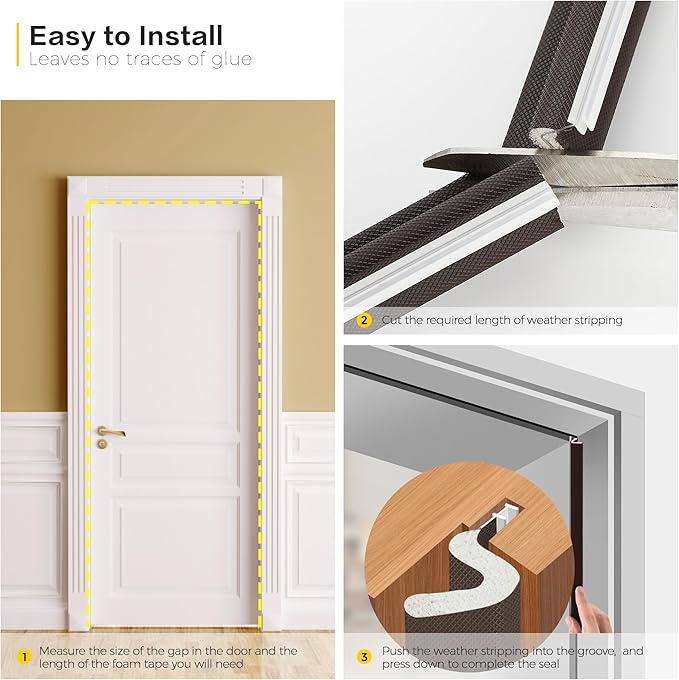Weather Stripping Door Seal Strip - Soundproof Q-Shaped Foam for Exterior Door Frame, Large Gap Seal, Noise Cancelling, Easy to Install (Brown, 60FT)