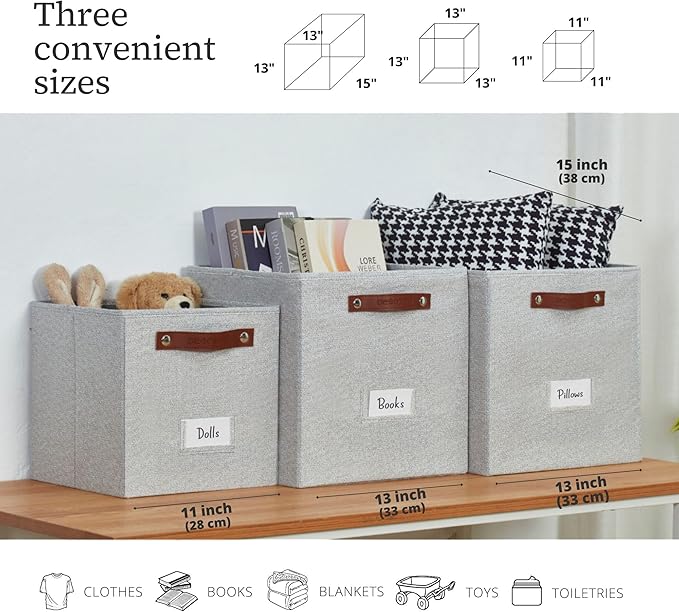 DECOMOMO Storage Bins, Cube Storage Bin with Labels, Fabric Storage Cubes for Shelves (11" / 6pcs, Light Texture Grey)