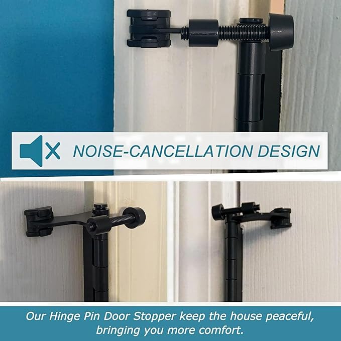 8 Pack Hinge Pin Black Door Stopper, Adjustable Heavy Duty Hinge Pin Door Stop with Black Rubber Bumper Tips