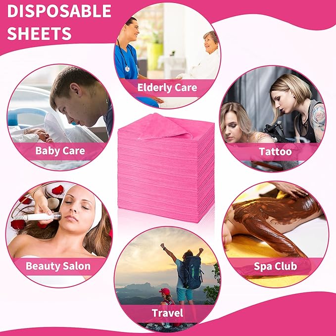 Breling 100 Pcs 31.5 x 71 Inch Disposable Bed Sheets Oil-proof PE Film Massage Table Sheets Non-woven Fabric Spa Waterproof Bed Cover Breathable for Beauty Salon Hotels Tattoo Waxing(Pink)