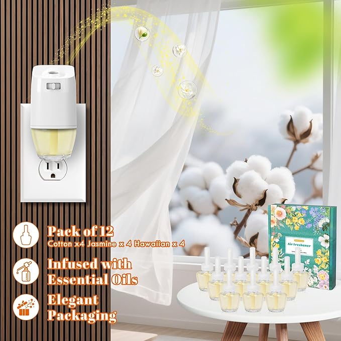 PlugIns Refills Air Freshener, Scented and Essential Oils for Home and Bathroom, Hawaiian, Jasmine, Cotton, Indoor Home Use, 12 Count, Compatible with Airwick, Compatible with Glade