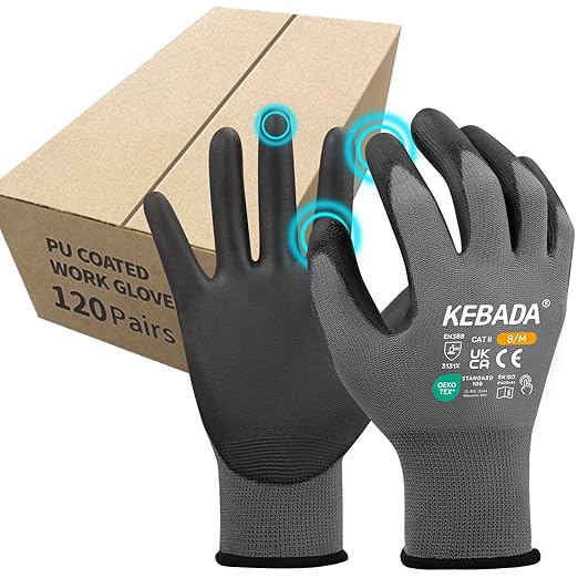 Kebada Safety Work Gloves,120 Pairs Bulk Pack, Touchscreen, PU Coated, Ideal for Warehouse, Construction, Gardening and Mechanics, Grey, Large