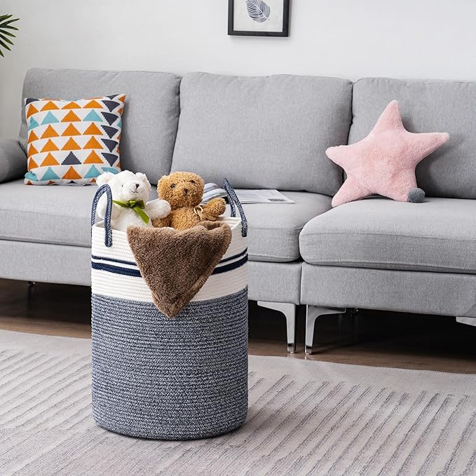 YOUDENOVA Woven Rope Laundry Hamper Basket, 72L Tall Laundry Basket, Baby Nursery Hamper for Blanket Storage in Bedroom-Large-Blue