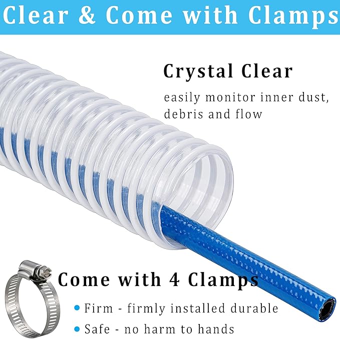 Dust Collection Hose 2 in × 10 ft Heavy Duty Clear Flexible PVC Reinforced Thicken Helix Suction Discharge Corrugated Pipe Hose for Fume Dust Collector Fitting Wood Chip Saw
