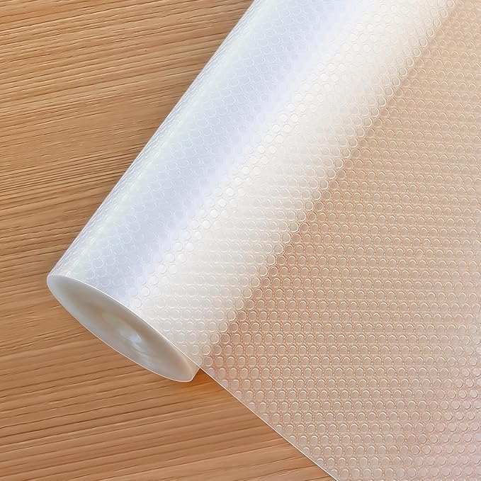 Shelf Liners 22 in x 20 ft EVA Drawer Mats, Non-Adhesive Cupboard Protector, Kitchen Cabinet Lining Fridge Liner (Clear Flat Dot, 56x610cm)