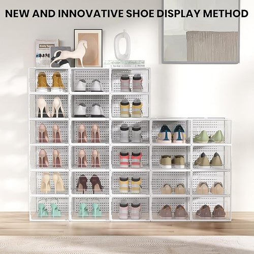 12 Pack XXX-Large Modular Clear Plastic Stackable Shoe Storage Organizer for Closet, Space Saving Versatile Sneaker Shoe Rack Containers Bins Holders, Portable Closet Organizers and Storage, White