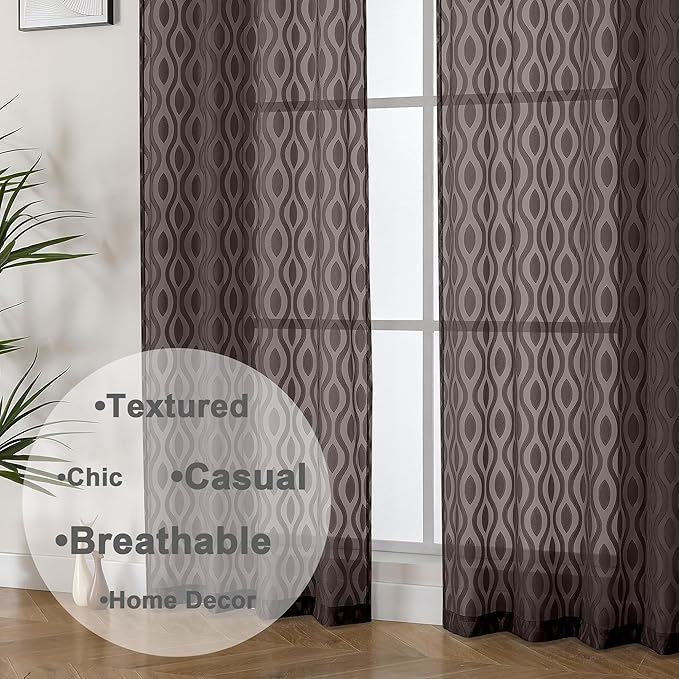 Aiyufeng Sheer Curtains 96 Inches Long for Bedroom and Living Room, 2 Panels, Farmhouse Wavy Line Light Filtering Clip Jacquard Solid, Rod Pocket, Brown, 40" W x 96" L