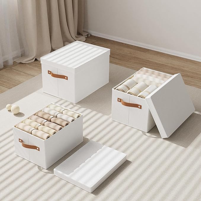 Fabric Storage Bins, Clothes Boxes for Shelves with Lids, 5 Pack Baskets for Organizing with Handles, Decorative Linen Closet Organizers, White, 16.5 x 11.8 x 10.2 Inch