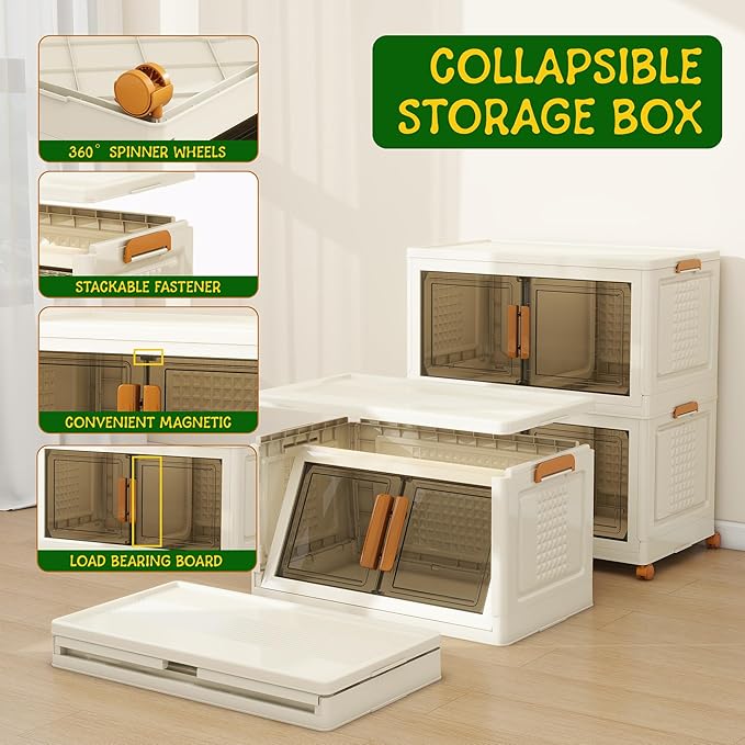 2 Tier Extra Large Stackable Storage Bins with 1 Lid 205 QT/Tier, Collapsible Plastic Box Storage with Wheels, Home Containers Boxes Closet Organizers for Living Room, Office, Dorm