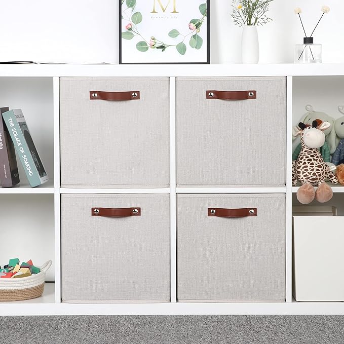 Temary Fabric Storage Cubes Storage Bins with Dual Leather Handles, 4 Pack Cube Baskets 13x13 Foldable Cube Organizers for Shelves, Home, Office, Nursery
