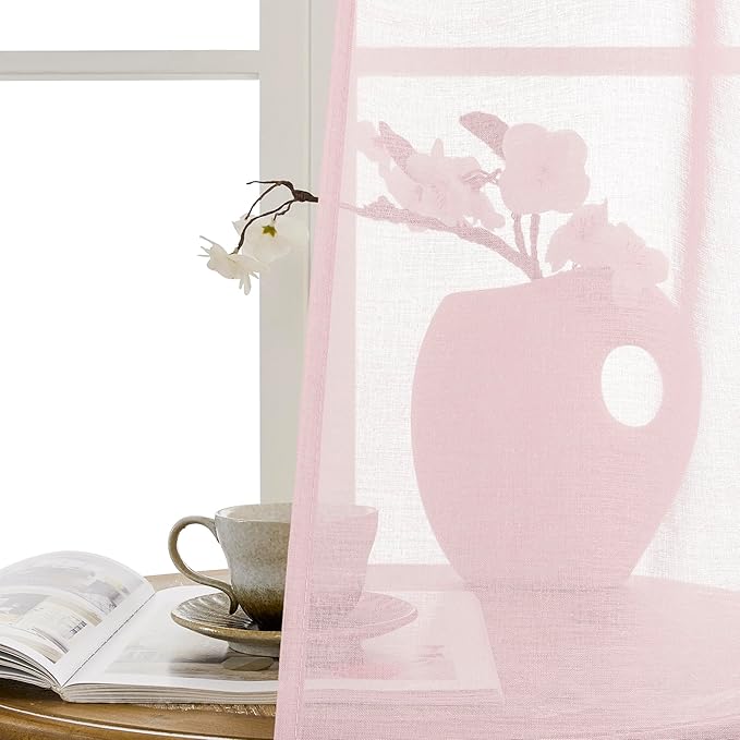 Tollpiz Sheer Door Curtain Closet Linen Textured Curtain Sheers Doorway Light Filtering Voile French Door Rod Pocket Curtains Patio Glass Door, 25 x 80 inches Long, Pink, Set of 1 Panel