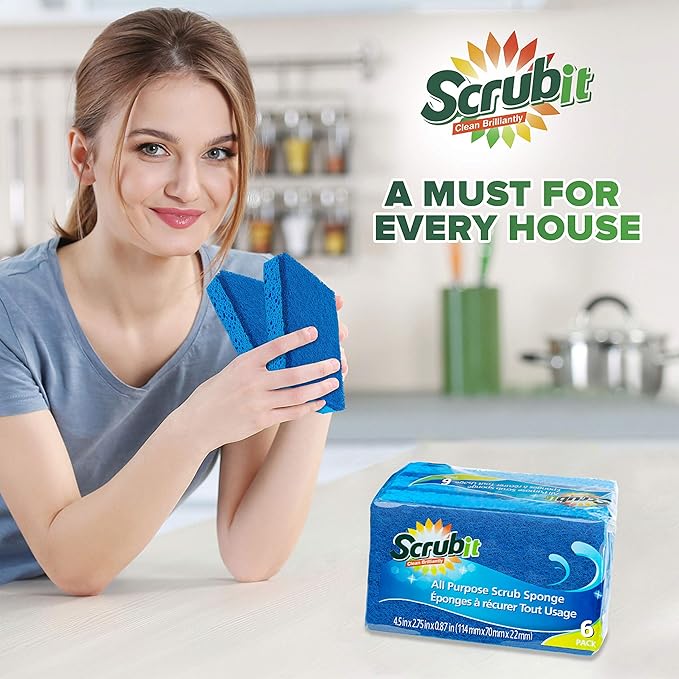 SCRUBIT Kitchen Scrub Sponges - Non-Scratch Dishwashing Sponge for Cleaning Dishes, pots and Pans - 12 Pack (Blue)