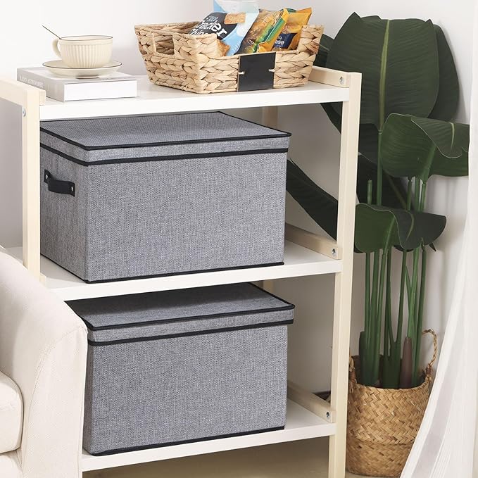 Fabric Storage Boxes, 7.1 x 9.1 x 13 Inch Baskets for Shelves with Lids, Wardrobe Organiser with Handles, Decorative Linen Closet Organizer Bins, Gray, 3 Pack