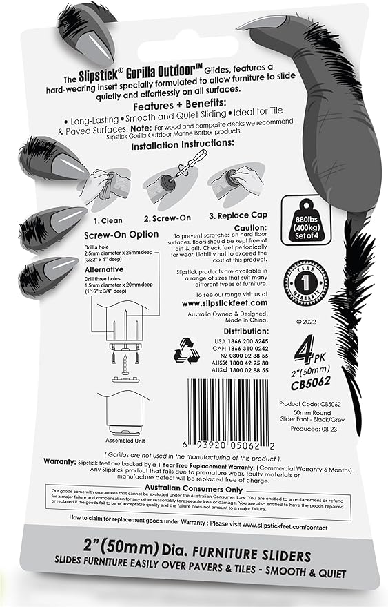 Gorilla Outdoor 2 Inch Furniture Sliders/Screw on Nylon Glide Floor Protectors (Set of 4 Glides) for Carpet and Hard Surface Sliding on Outdoor & Indoor Floors