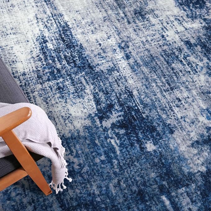 IOHOUZE Abstract Area Rug 4x6 Ft Washable Rugs for Entryway Indoor, Non Slip Small Living Room Rugs Printed Faux Wool Throw Rug, Floor Carpet for Kitchen Nursery Playroom, Navy/Grey