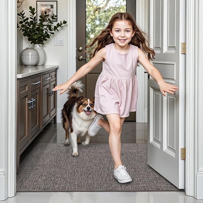 LUMI Ultra Thin Door Mat for Entryway,36"x59" Low Profile Non Slip Rubber Backing Indoor Doormat, Easy Clean Welcome Entrance Mat for Inside House, Patio, Brown