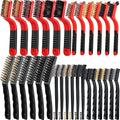 Sumind 60 Pcs Wire Cleaning Brush Set Nylon/ Stainless Steel/ Brass Metal Brush with Curved Handle Grip Paint Remover for Cleaning, Rust, Drill, Scrub, Grout Cleaner Tool (Red and Black)