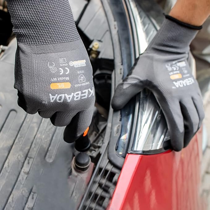 Kebada W1 Work Gloves for Men and Women, PU Coated Safety Gloves with Grip, Touchscreen, Ideal for Warehouse Package Handling, Construction, Gardening, 12 Pairs, Gray X-Small