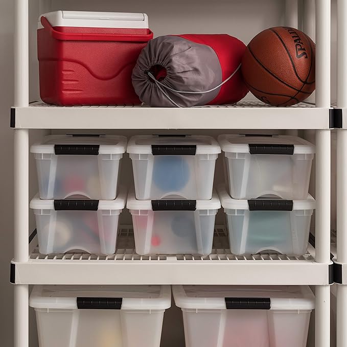 IRIS USA 13 Qt Stackable Plastic Storage Bins with Lids, 6 Pack - BPA-Free, Made in USA - Discreet Organizing Solution, Latches, Durable Nestable Containers, Secure Pull Handle - Pearl