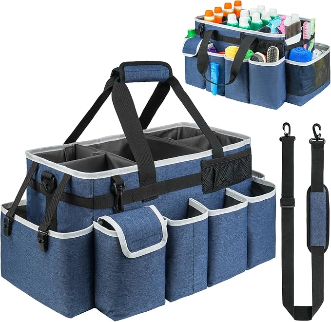 Cleaning Caddy Bag,Extra Large Cleaning Supplies Organizer with Handle for Housekeepers,Blue