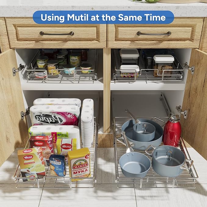 ROOMTEC Pull Out Cabinet Organizer, 1 Tier, Heavy Duty Slide Out Kitchen Cabinet Organizers, Smooth Drawer, Fits 12"+ Cabinets