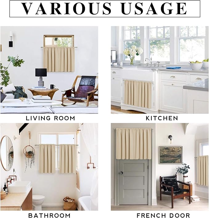 RYB HOME Blackout Curtains for Kitchen, Over Sink Privacy Curtains Window Decor, Thermal Insulating Drapes for Bathroom Cafe Bedroom Small Window, W 42 x L 24 inch, Biscotti Beige, 2 Panels