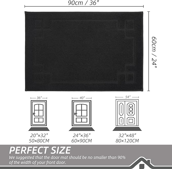 BEQHAUSE Door Mat 24" x 36", Non-Slip Door Mats Indoor Entryway Rugs Washable Low-Profile Absorbent and Stain Resist Floor Mats, Dog Door Mat for Front Back Door, Muddy Wet Shoes & Paws, Black