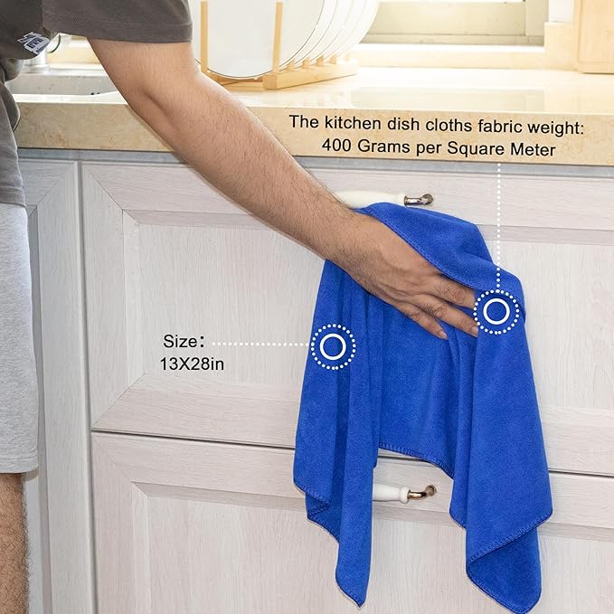 kimteny 13x28 Inches Kitchen Cloth Dish Towels, 400 GSM Premium Dishcloths, Super Absorbent Coral Velvet Microfiber Cleaning Cloths, Fast Drying Rags for Washing Dishes (6 Pack, Blue)