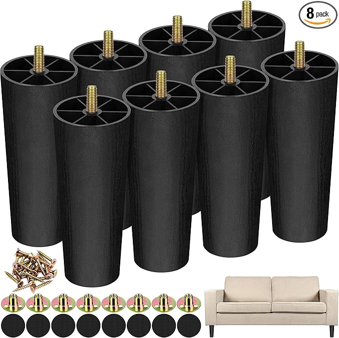 TURSTIN 8 Pack 6 Inch Plastic Furniture Legs with M8 T-Nuts Screws Tapered Sofa Couch and Chair Legs Replacement Furniture Legs for DIY Projects Sofas Coffee Tables Dressers Beds