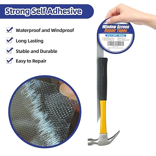 KING MOUNTAIN Black Window Screen Repair Tape,3inX20FT Heavy Duty Screen Repair Kit for Window Screen and Screen Door Tears Holes,Strong Adhesive & Waterproof Window Screen Patch