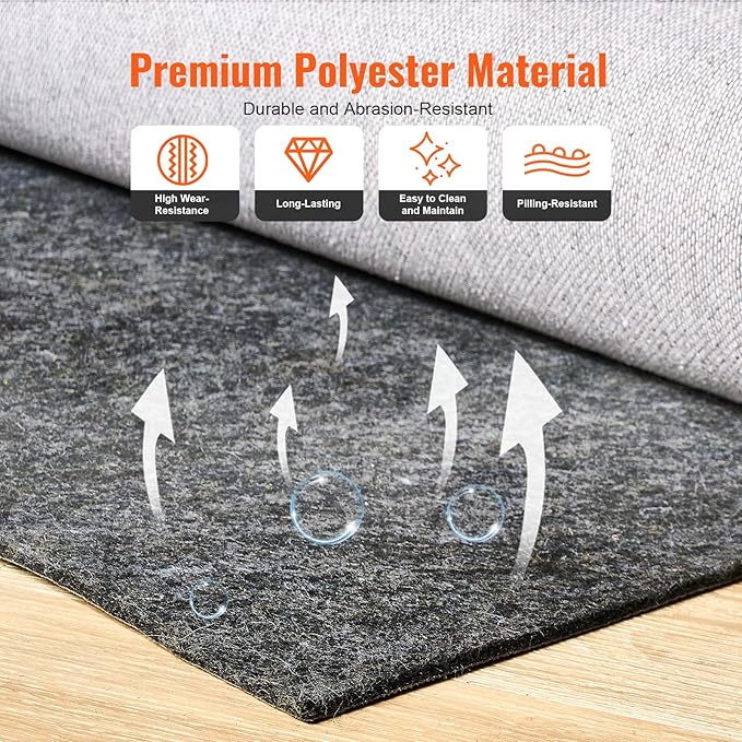 VEVOR Non-Slip Resistant Rug Pad, Protective Cushioning Carpet Pad, 2'x8' (7.875' Actual), 1/4" Thick, Dual Surface, Polyester Felt + Latex, 1-2㎡ Area Carpet Padding Rug Cushion for All Floors, Gray