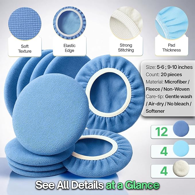 20 Pack Buffing Pads, Polishing Pad Covers, Microfiber & Wool for 5-6 Inch Buffer Polisher; Car Buffer Accessories for Car Detailing Kit; Wax, Polishing Compound & Polish Finishing, Durable Set