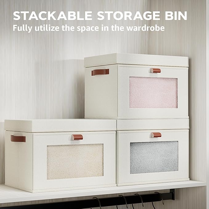 Large Storage Bins with Lids,Stackable&Collapsible Closet Storage Bins,Oxford Fabric Organizer Box with Clear Window,Large Decorative Storage Boxes for Shelves,Wardrobe,Living Room(Beige)