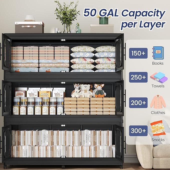 150GAL Extra Large Storage Bins with Lid, 600QT Storage Bins with Wheels, Folding Closet Organizer, Stackable Collapsible Plastic Storage Containers for Home, Office, Dorm, 3Pack Black