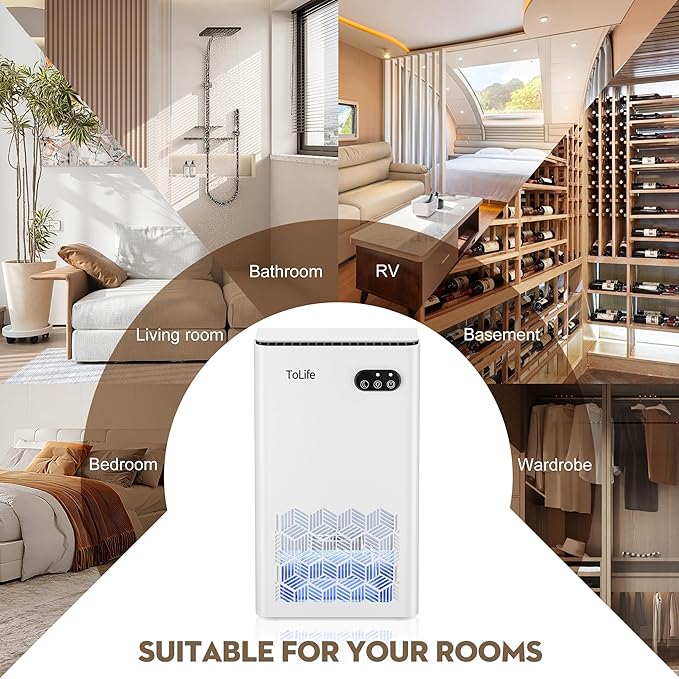ToLife Dehumidifier for Home, 1000 sq.ft Dehumidifiers for Basement Bedroom Bathroom with 95 OZ Water Tank, Auto Shut Off 7 Colors LED Light, White Black