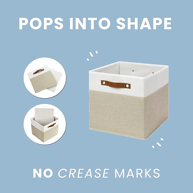 OrganiHaus 13x13 Cube Fabric Storage Bins Set of 4, Fabric Storage Cubes w/ Vegan Handles, 13 inch Collapsible Bins for Clothes & Toys Organizer, Cubbies Organizer, 13x13 Basket for Decor - Grey/White