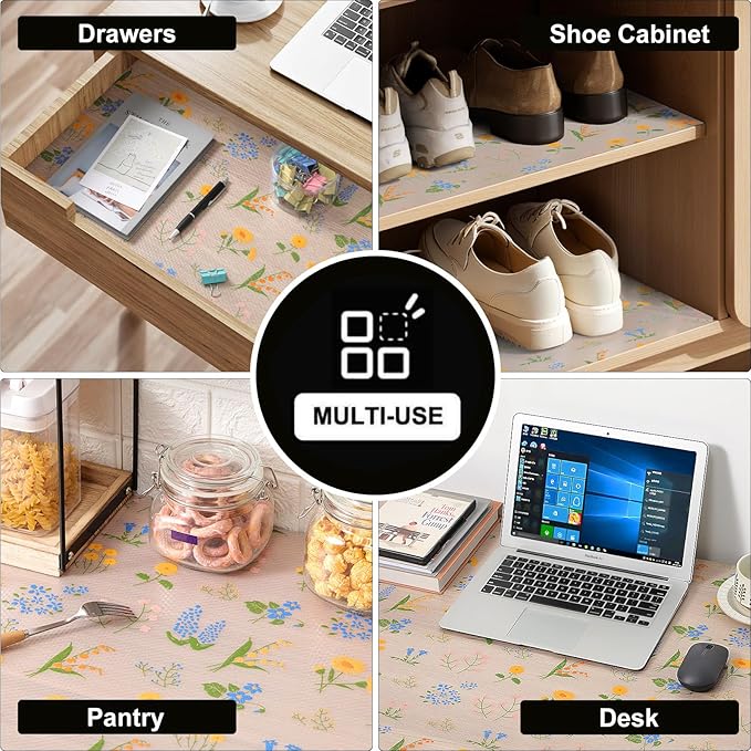 INNOLITES Non-Slip Shelf Liner – Cabinet & Drawer Liner Non-Adhesive – Waterproof Oil-Proof – Durable EVA with Floral for Kitchen Cabinets Refrigerator – BPA-Free, Easy to Cut 23.6" x 360"