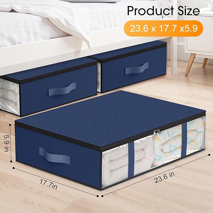 StorageRight Under Bed Storage Bins, 6-Pack 40L Foldable Fabric Storage Bags with Transparent Window, Breathable Organizer for Clothes/Blanket/Comforter/Quilt, Blue
