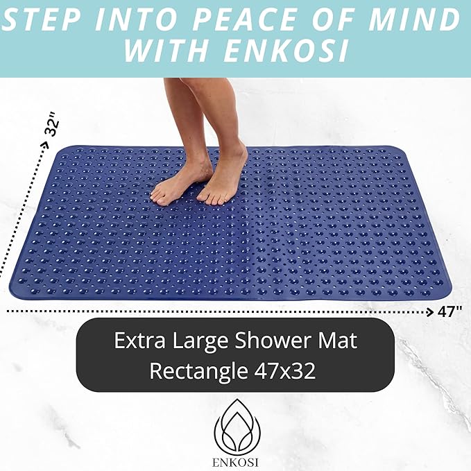 ENKOSI Extra Large Shower Mat Non Slip - 47 x 32 inch - XL Bathroom Shower Mat - Large Shower Matts for Shower Stall Floors - Secure Suction Cups and Drain Holes (47x32 Navy Blue)