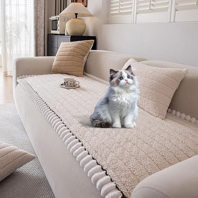 OTOB Couch Cover for Dogs Washable, Non Slip Plush Fuzzy Sofa Covers for 3 Cushion Couch All Seasons, Kids Pet Friendly Soft Cozy Furniture Protector Sofa Slipcovers (Beige, 27.6" x 82.7")