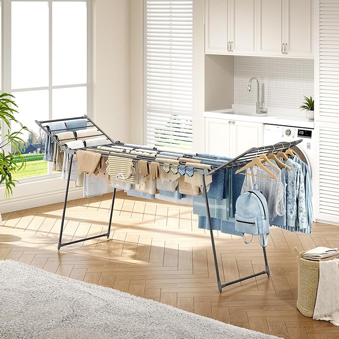 APEXCHASER Clothes Drying Rack Foldable, Large Drying Rack Clothing Retractable, Metal Clothes Airer for Bedding Towel Sweater Heavy Duty, Indoor Outdoor Use, 21.9"W x 100"L x 39"H, No Assembly, Grey