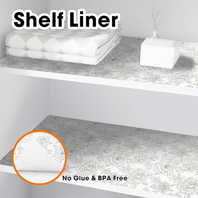 Drawer and Shelf Liner for Kitchen Cabinets Non-Adhesive, Non-Slip Cabinet Liner Shelf Paper Strong Grip Waterproof Easy to Clean for Kitchen Shelves Cupboard, Flower,17.5IN X 20FT