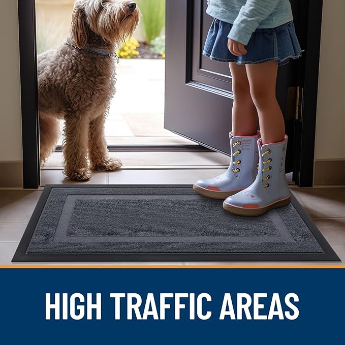 OLANLY Front Door Mat Indoor Outdoor Entrance, Waterproof All-Season, All-Weather Doormat, Sturdy Natural Rubber, Fade Resistant, Low Profile, Easy Clean Patio Porch Entryway Mat, 71x47, Light Grey