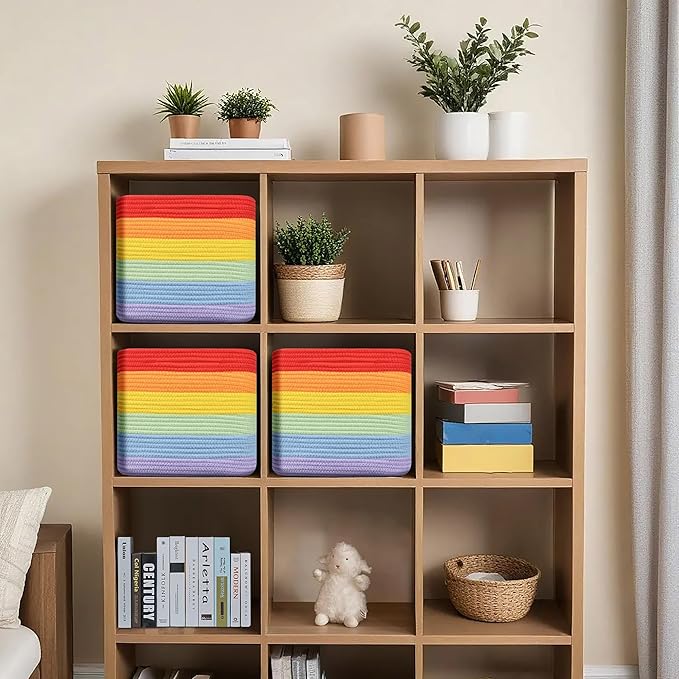 3 Pack Storage Cubes 11 Inch Cotton Rope Woven Baskets for Organizing Cube Bin Square Shelves Organizer,Classroom,Kids Toy Bins,Closet,Baby Nursery(Rainbow)