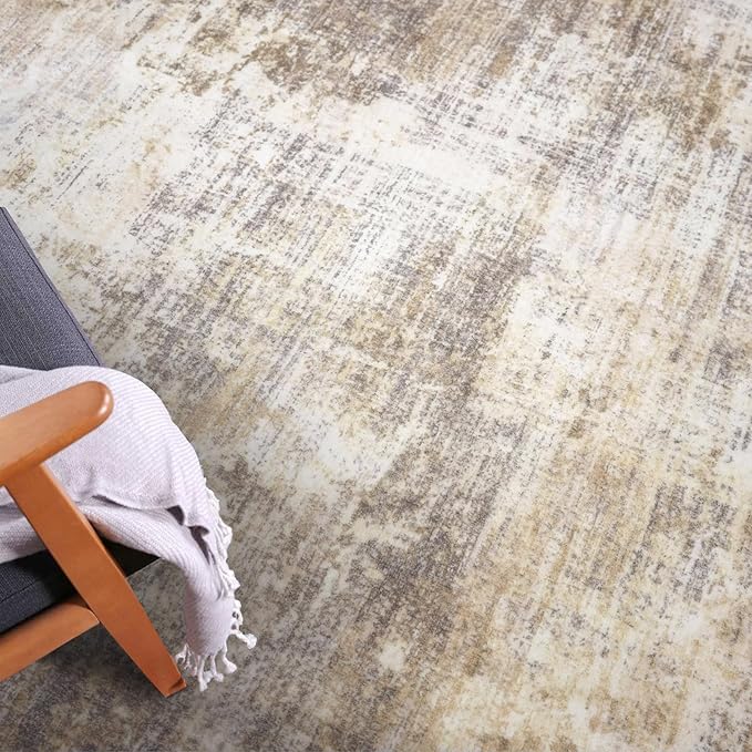 IOHOUZE Abstract Area Rugs 9x12 Ft Washable Large Rugs for Living Room, Non Slip Dining Room Rug, Printed Faux Wool Rugs for Bedroom, Floor Carpet for Office Nursery Playroom, Beige Brown