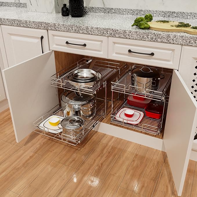 ROOMTEC Individual Pull Out Cabinet Organizer (20" W x 21" D), 2 Tier Spice Rack Organizer for Cabinet, Slide Out Drawer Pantry Shelf Organization and Storage for Kitchen Bathroom