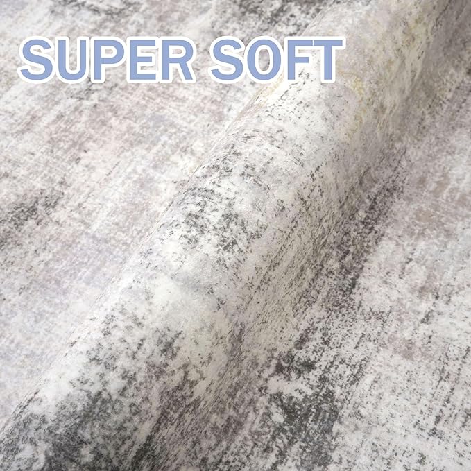 IOHOUZE Abstract Runner Rug 3x10 Ft Washable Runners for Hallways, Non Slip Kitchen Runner Printed Faux Wool Entryway Runner Indoor, Modern Abstract Floor Carpet for Hall Bedroom, Grey Beige