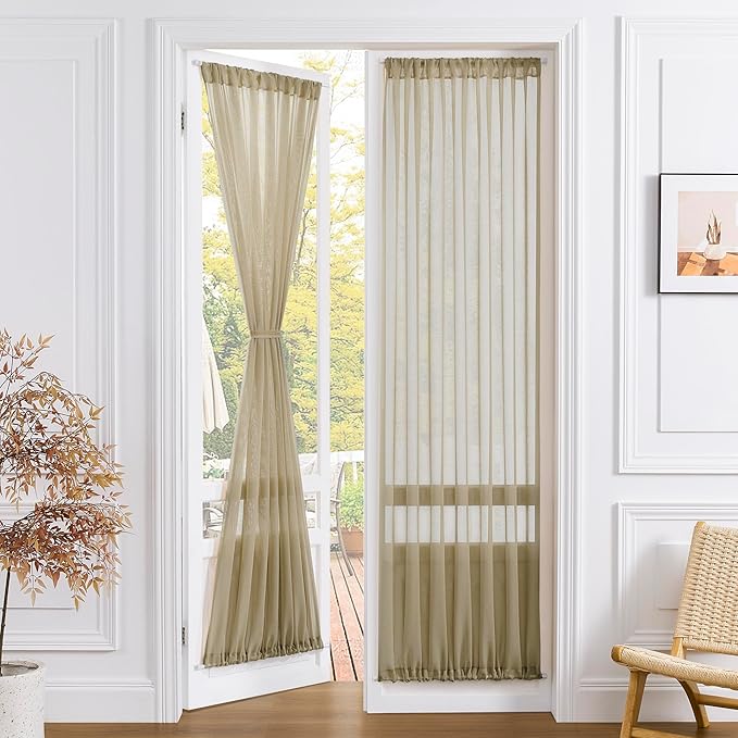 Tollpiz Sheer Door Curtains Closet Linen Textured Curtains Sheer Doorway Light Filtering Voile Rod French Door Pocket Curtain Patio Glass Door, 25 x 72 inches Long, Taos Taupe, Set of 1 Panel