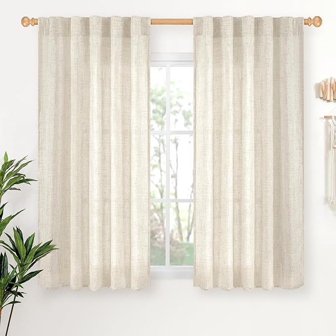 YoungsTex Linen Curtains 48 Inch Length for Kitchen, Semi Sheer Cream Window Drapes with Rod Pocket Back Tab Light Filtering Textured for Living Room Bedroom Bathroom, 2 Panels, 42 X 48 Inch
